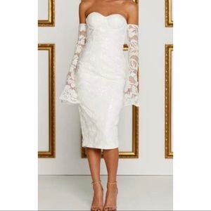 White midi dress / bridal event / lace strapless